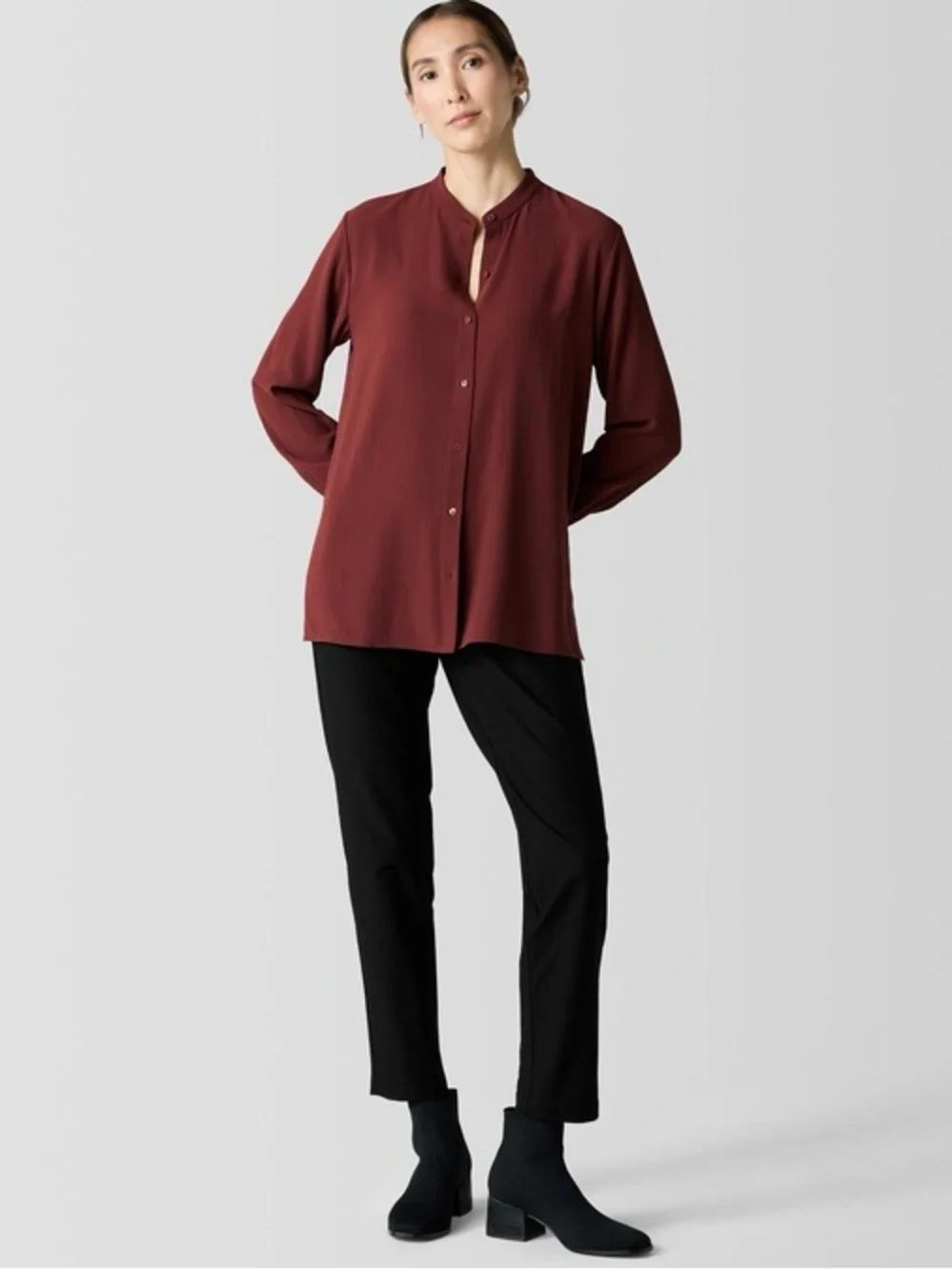Eileen Fisher Band Collar Button Up Long Sleeve Silk Shirt